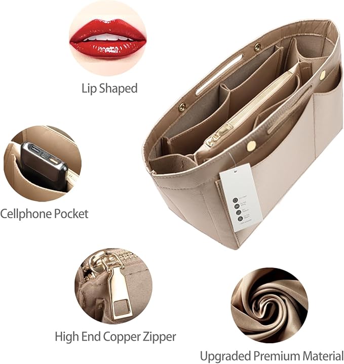ZTUJO Purse Organizer Insert For Handbags, Silky Bag Organizer With 2 Zippers For Speedy Neverful Tote and More (Beige, Medium)