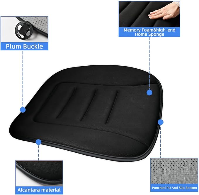 KAYI Car Seat Cushion, Memory Foam Car Seat Cushion, Anti Slip Rubber Bottom Car Seat Cushions for Driving, Suitable for Car and Office Chairs (Black)