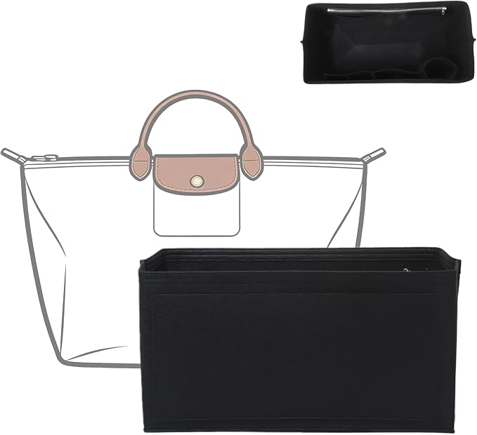 Doxo Felt Purse Organizer Insert for Longchamp Le Pliage L Travel Bag, Longchamp Orgainzer Insert Large with 9 Compartments and Zipper Water Bottle Holder, Fits Long Champ Large Bag (LT, Black)