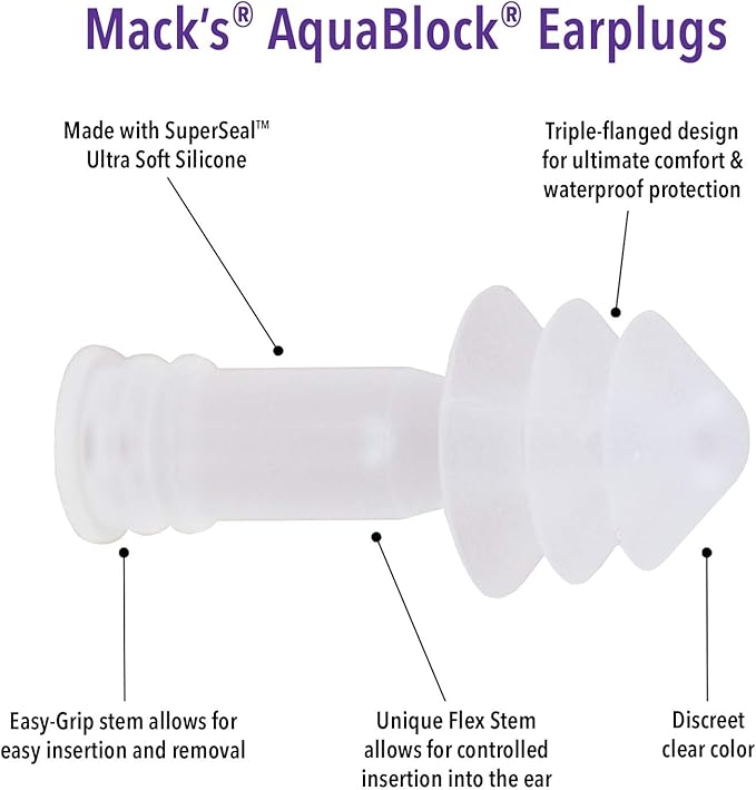 Mack's AquaBlock Swimming Earplugs, 3 Pair | Waterproof, Reusable Silicone Ear Plugs for Swimming | Swim Ear Plugs for Snorkeling, Showering, Surfing, Bathing (Clear)