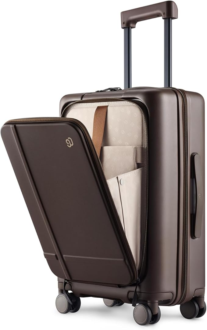 NINETYGO Carry On Luggage 22x14x9 Airline Approved, 20 Inch Suitcase with Front Compartment, Coffee-Infused PC Hard Shell, Eco-Friendly, Cup Holder, Clamshell, TSA Lock, Spinner Wheels (Americano)