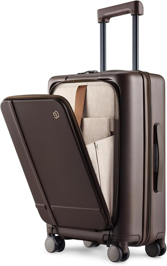 NINETYGO Carry On Luggage 22x14x9 Airline Approved, 20 Inch Suitcase with Front Compartment, Coffee-Infused PC Hard Shell, Eco-Friendly, Cup Holder, Clamshell, TSA Lock, Spinner Wheels (Americano)