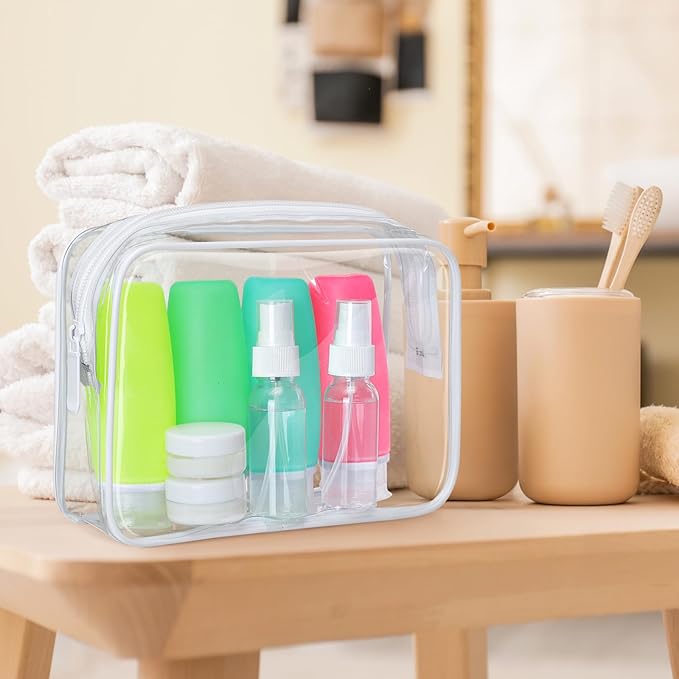 PACKISM 9 Pack TSA Approved Toiletry Bag with Bottles - Leakproof 3.4oz Silicone Travel Container Kit for Toiletries, Clear Quart Size Bag for Shampoo Conditioner Lotion (BPA Free)
