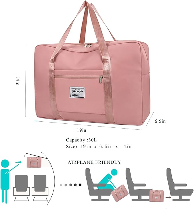 19" Travel Duffel Bag, Large Weekender Bag for Women Men, Expandable Personal Item Bag for Airlines, Water Resistant Carry On Bag with Trolley Sleeve for Gym, Overnight (Pink)