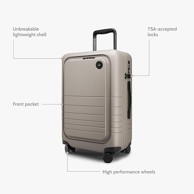 Monos Carry-On Pro Plus Luggage (23"), Hardside Spinner Suitcase with TSA Lock & Front Pocket, Airline Approved, Desert Taupe, Beige