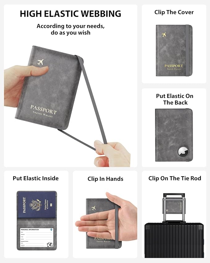 Stouchi AirTag Passport Wallet, Grey, Unisex, Faux Leather, RFID Blocking, Anti-Waterproof