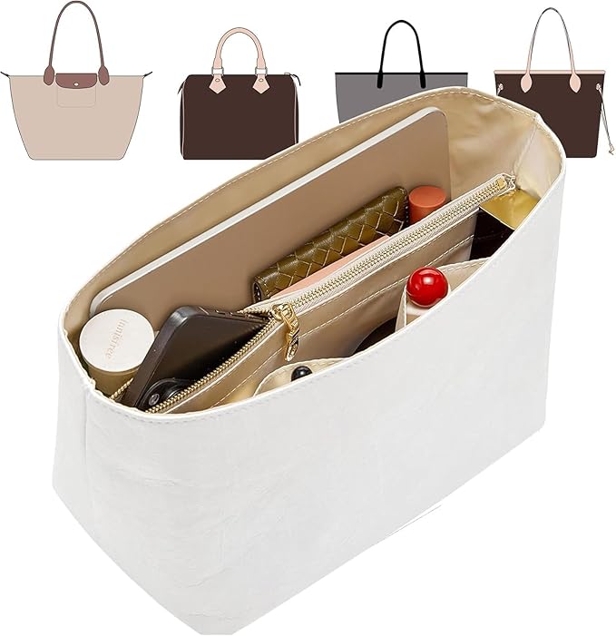 Doxo Long Champ Organizer Insert, Bag Organizer Insert for le pliage Medium, G.oyard PM, Speedy 30, Neverfull MM and More, Light Waterproof DupontPaper Purse Organizer, 6 Pockets(White, M)