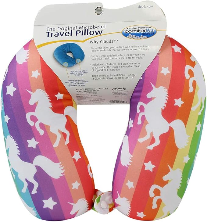 Cloudz Patterned Microbead Airplane Travel Neck Pillow. Customize Your Comfort and Support While Traveling on a Plane, Car, Bus or Train! - Unicorn