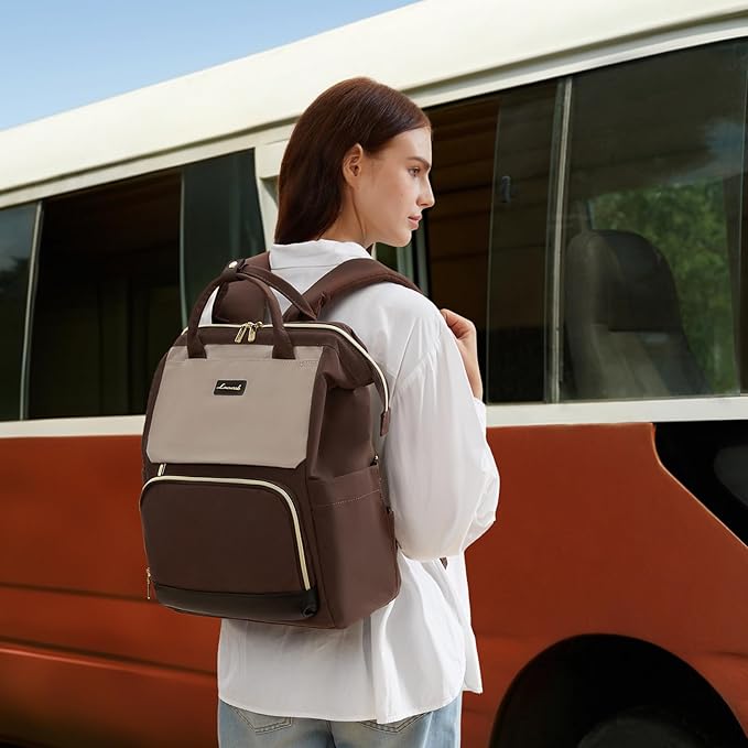 LOVEVOOK Laptop Backpack for Women with Giant Tumbler Holder Pocket, 15.6 inch Travel Work Backpack Purse for Nurse Teacher, Waterproof School Bag College Bookbag Cute Casual Daypack for Girls Brown