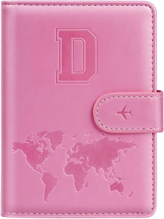 Passport Holder Cover Initail Letter A-Z Travel Wallet Embossed Design RFID Blocking Card Holder Personalized Gift Passport Cover Wallet, Passport Book Holders for Women and Girls, Pink-D