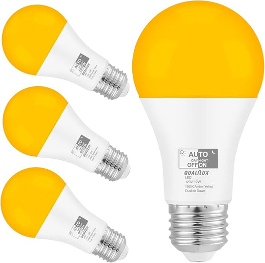 Qualilux Dusk to Dawn Light Bulbs, Auto On/Off Light Sensing LED Bulbs Outdoor, Amber Yellow Bug Light, A19 4-Pack, 12W 800LM 60W Equivalent, HQ-H020