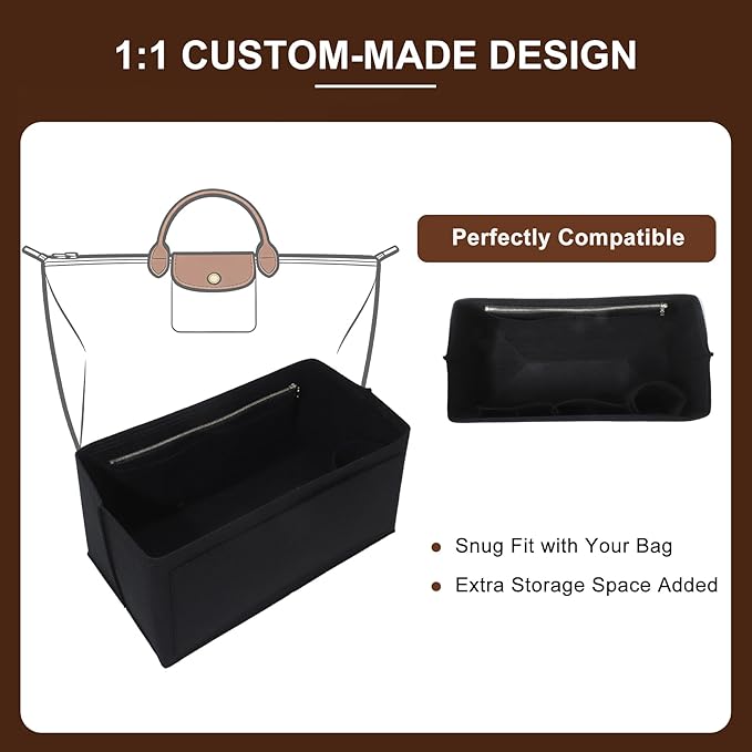 Doxo Felt Purse Organizer Insert for Longchamp Le Pliage L Travel Bag, Longchamp Orgainzer Insert Large with 9 Compartments and Zipper Water Bottle Holder, Fits Long Champ Large Bag (LT, Black)