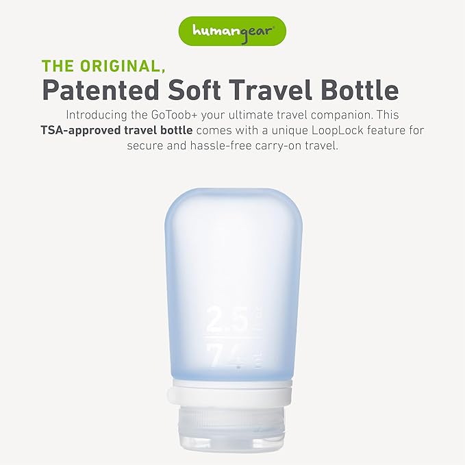 humangear GoToob+ (Medium) | Refillable Silicone Travel Bottle | Locking Lid | Food-Safe Material | Blue, Medium (2.5 fl.oz.; 74ml)