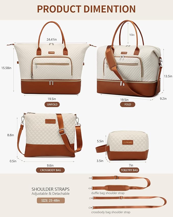 Weekender Bags for Women, Travel Tote Duffle Bag Carry On Overnight Bag with Cosmetics Bag and Crossbody Purse for Gym Hospital, Gifts for Women, Beige Brown