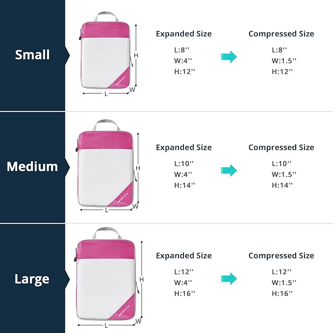 Compression Packing Cubes 6 Set, Compressible Space-Saving Packing Cubes for Travel - Compression Bags, Luggage Organizer, Travel Essentials for Women, Hot Pink
