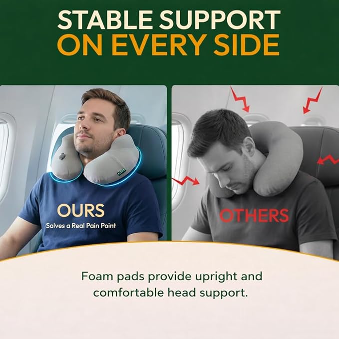Inflatable Travel Neck Pillow with Adjustable Memory Foam Sides | Lightweight, Soft & Portable Support (Light Gray, Standard)