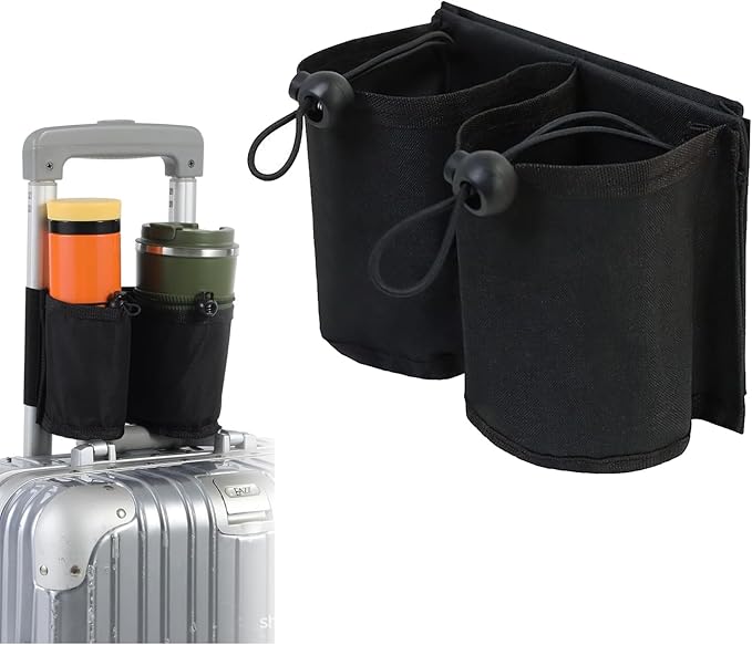Luggage Cup Holder Hands Free Adjustable Drink Carrier for Suitcase Handles Travel Accessory for Coffee & Bottles (Black)