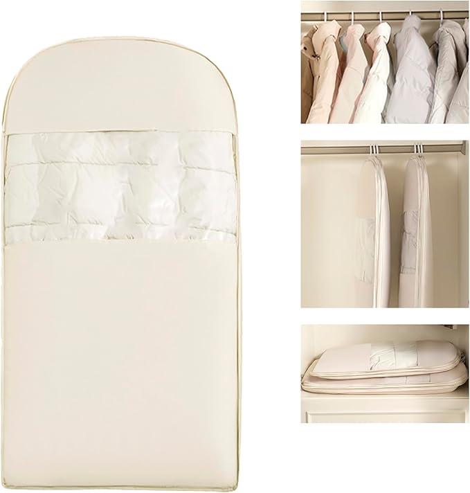 Space Saving Hanging Garment Bag with Self Compression Zipper - Organizer for Closet(Beige,M)