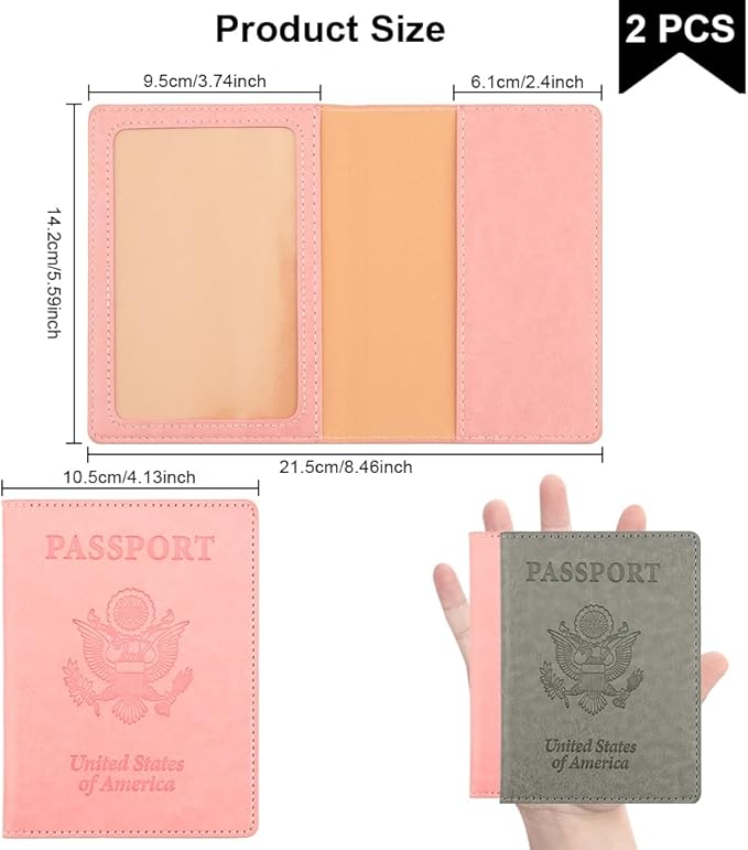 Passport Holder, Passport Cover, Passport Holder for Women, 2 Pack Travel Passport Wallet, Leather Passport Case, Passport Protector International Travel Must Haves Accessories, Grey+Pink