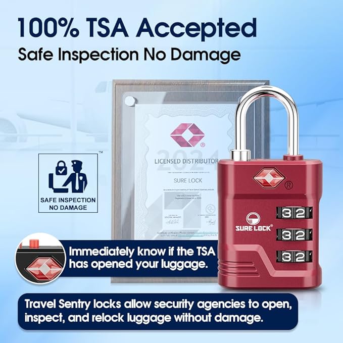 SURE LOCK TSA Approved Luggage Lock – 3-Digit Resettable Combination Padlock with Open Alert Red Dot, Large Easy-Read Dials for Suitcases, Backpacks, Gym & School Lockers(Red 2 pk)
