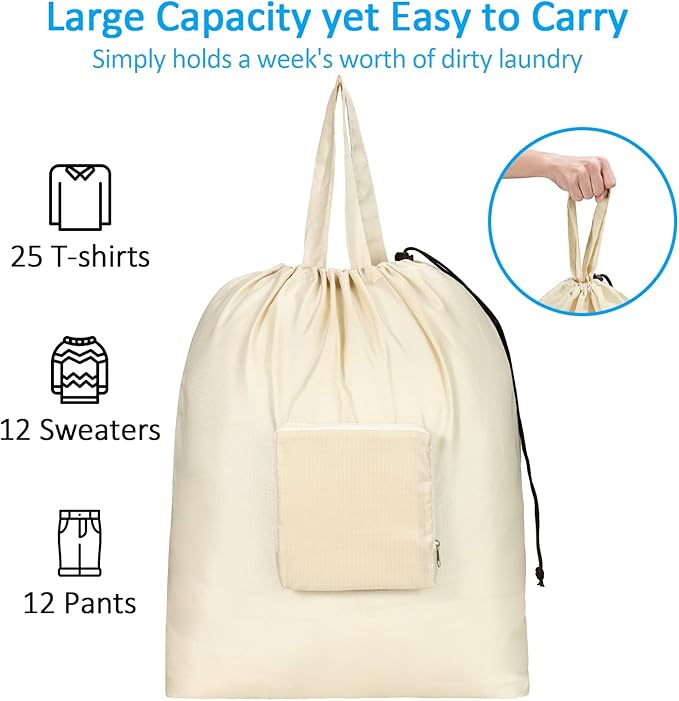 GOGOODA Travel Laundry Bags with Drawstring Closure XL Large Foldable Dirty Clothes bags with Handle Heavy Duty and Washable for College Dorm Travelling Camping, 2 Pack, Beige