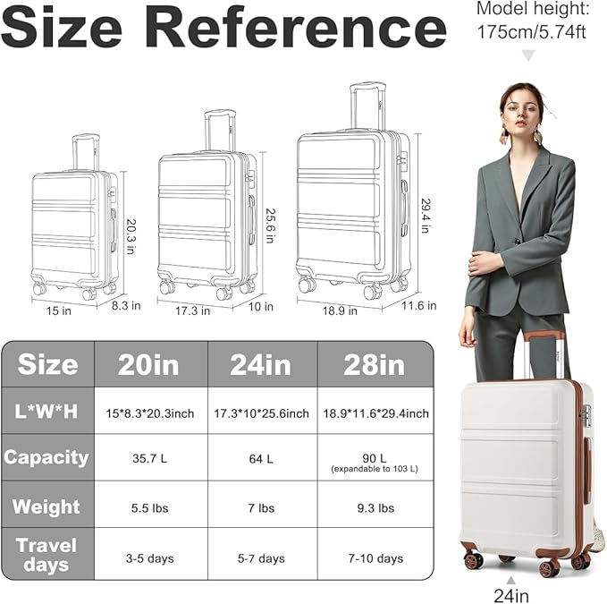 Kono 24 Inch Luggage Suitcase with Spinner Wheels TSA Lock Lightweight PC+ABS Hardside Medium Checked Luggage Durable Rolling Suitcase Cream White