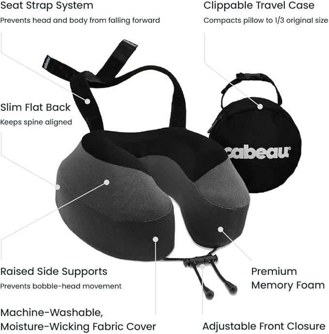 Cabeau Evolution S3 Travel Pillow - Memory Foam Neck Pillow for Airplane and Long Flights with Seat Straps for Head and Neck Support, 360 Degree Support (Steel Grey)