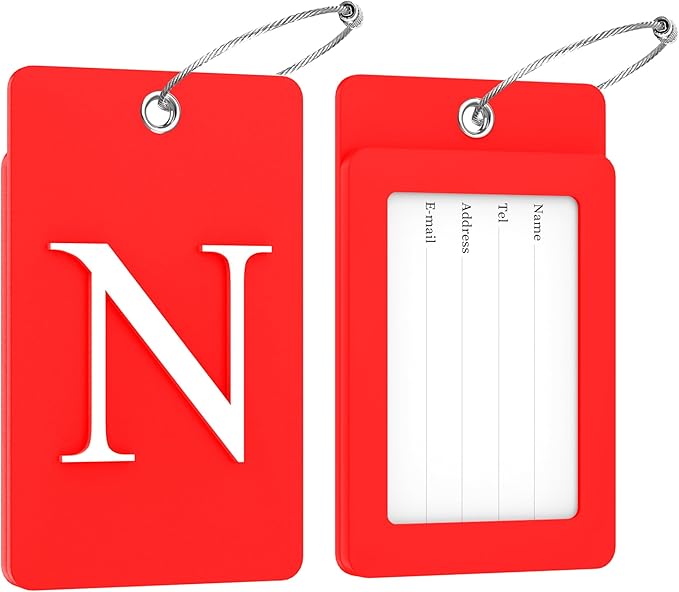 Gostwo 2 Pack Luggage Tags for Suitcases, 26 Initial Letter Travel Luggage Baggage Identification Labels ID Tag Fully Bendable Tags with Stainless Steel Loop (Red) (Letter N)