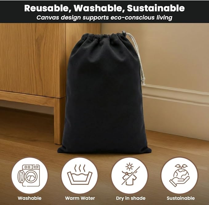 LFH Cotton Rich Shoe Storage Bags with Drawstring, Dustproof Breathable Reusable Organizer, Perfect For Travel, Dorm, Hotel, College, Gym, Machine Washable 12"x17" (Pack of 2) - Black sand