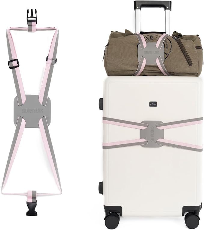 Travel Belt for Luggage Straps Add a Bag Bungees Luggage Strap Over Handle Suitcases Belt for Carry On Bag Elastic Belt Adjustable Suitcase Strap Airport Travel Accessories (Pink/Grey 1pcs)