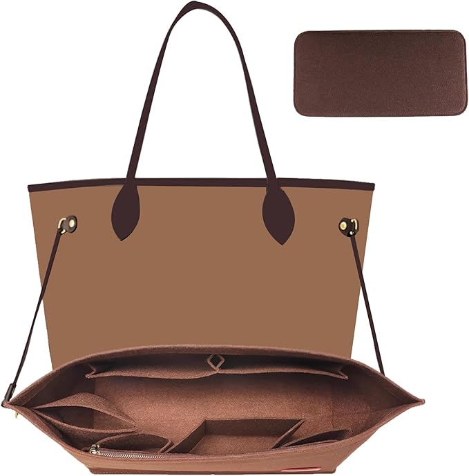 Purse Organizer Insert, Felt Bag Organizer with Base Shaper, Handbag Tote Dividers for Inside Purse Accessories, Insert for Neverfull PM, City 30 and More, Brown/M