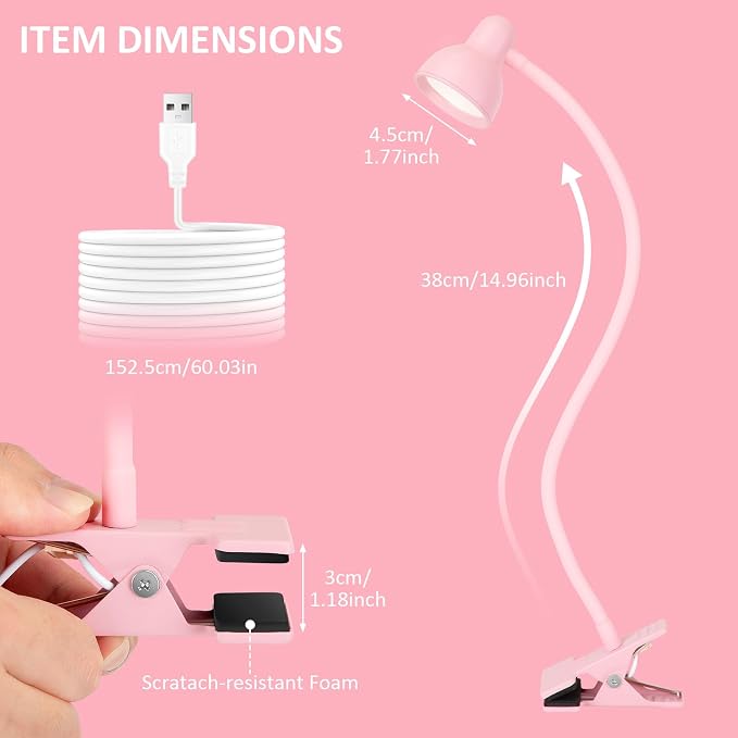 LiFMIRA Pink Small Desk Lamp Clip on LED Reading Light for Bed | 3 Color Modes 10 Dimmable Brightness, Book in Bed Headboard, Flexible Reading Lamp with Clamp BL08