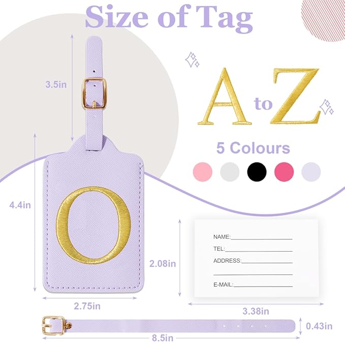 Personalized Initial Luggage Tags for Suitcases,Leather Letter Cute Luggage Tags with Privacy Name Card,Embroidered Monogrammed Travel Bag Backpack Tag Gifts for Women Kids Girls Teens(Purple-O)
