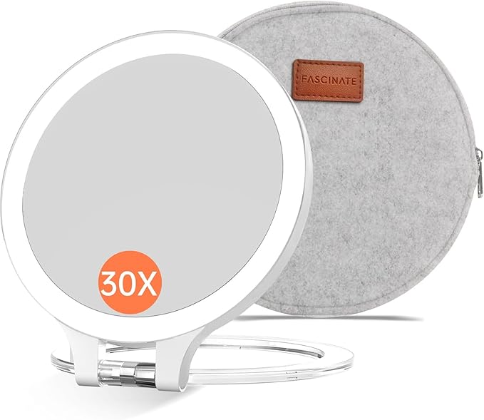 FASCINATE Magnifying Mirror 30X 1X Double Sided Magnification Makeup Vanity Mirror Rechargeable Lighted Mirror with 3 Color Lighting Modes Adjustable Rotation LED Vanity Desk Mirror