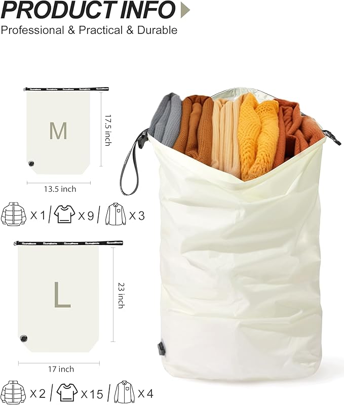 Travel Laundry Bag, Pump-free Vacuum Compression Dirty Clothes Bag, Large Reusable Waterproof & Washable Laundry Bag, Wet and Dry Bag, Ideal for Suitcases, Laundromats (1 Pack) White