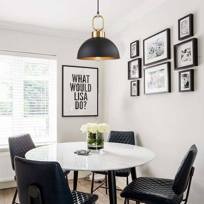 Black and Gold Pendant Lights Kitchen Island, Single Dome Pendant Light | 10.2'' Farmhouse Island Light for Kitchen,Adjustable Height, Industrial Hanging Pendant Lighting for Dining Room Over Sink