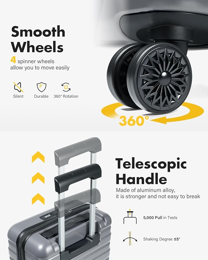 Lekesky Carry On Luggage 22x14x9 Airline Approved, 20 Inch Hard Shell Suitcase with TSA Lock, Lightweight Spinner Wheels Durable ABS Carry-On for Travel Weekend Trips Men Women, Grey