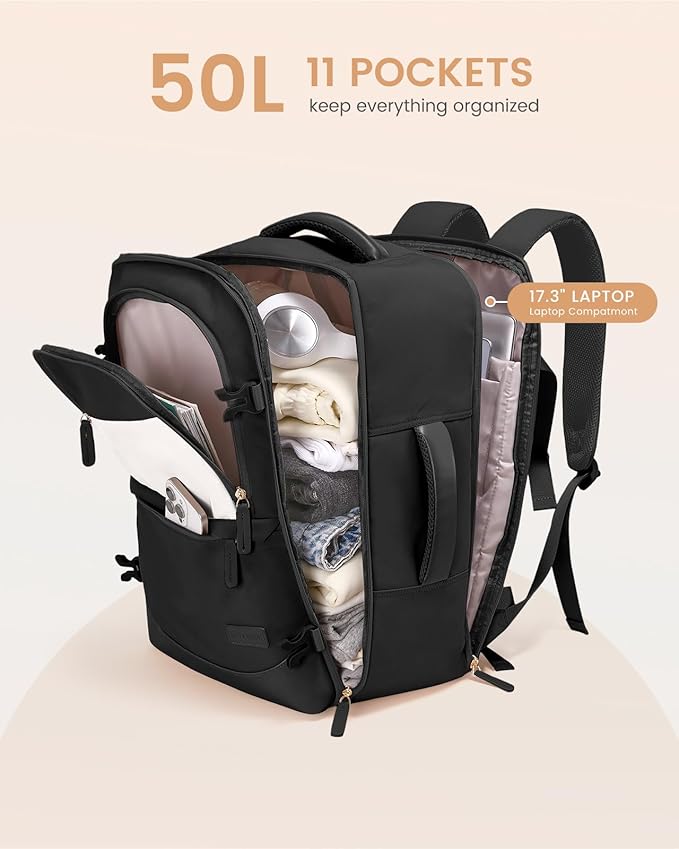 LOVEVOOK Travel Backpack for Women & Men, 50L Carry on Backpack Airline Approved, Large TSA Personal Item Travel Bag fits 17.3" Laptop, Business Weekender Bag for Essentials, 4Pcs