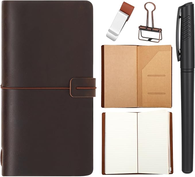 Thenshop Travelers Refillable Leather Journal Notebook Travel Diary Handmade Passport Travelers Journal for Men and Women with 3 Notebook Inserts, Pen Holder, Binder Clip(Dark Brown,Stand Size)