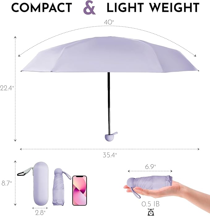 Travel Mini Umbrella Compact Small & Lightweight, UV Rain Protection, Pocket-Sized Folding Umbrellas with Quickdraw & Case for Men Women & Kids Backpack