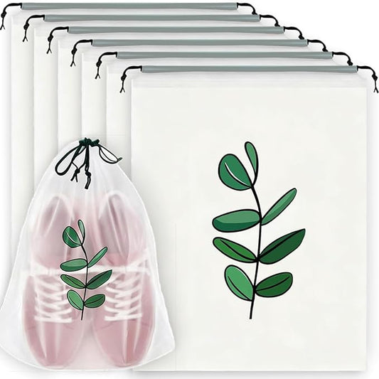 6PCS Clear Shoe Bags for Travel, Eucalyptus Leaf Pattern Travel Shoe Bags, Drawstring Shoe Travel Bags for Packing and Storage, Waterproof & Dustproof (15.7” x 11.8”)