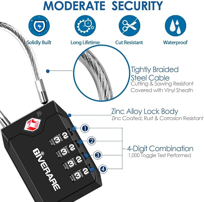 2 Pack TSA Approved Travel Luggage Locks, 4-Digit Cable Combination Suitcase Lock, Metal Alloy Padlocks, Weatherproof Padlock for Locker, Bag, Gun Case, Backpack, Anti Theft, Easy Read Dials-Black