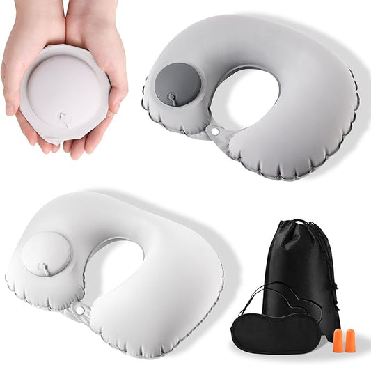 2 Pack Inflatable Travel Neck Pillow - Portable Airplane Pillow for Flights, Adjustable Neck Support for Cars & Trains (Grey)
