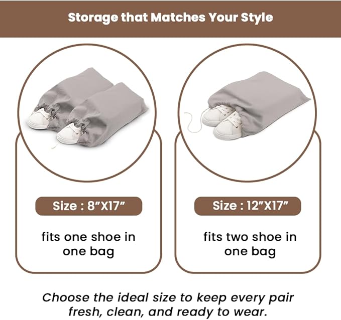 LFH Cotton Rich Shoe Storage Bags with Drawstring, Dustproof Breathable Reusable Organizer, Perfect For Travel, Dorm, Hotel, College, Gym, Easy to Carry, Machine Washable 12"x17" (Pack of 4) - Grey