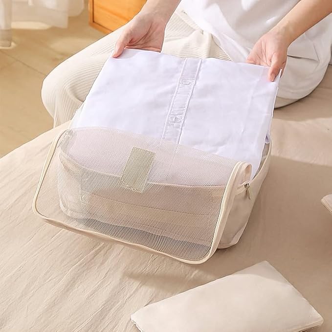 7 Set Packing Cubes, Packing Organizers Travel Foldable Luggage Organizers Storage Bag Accessories for Suitcase with Laundry Bag & Shoe Bag, Beige