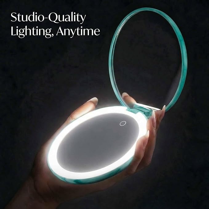 Fancii Taylor LED Lighted Travel Makeup Mirror, Rechargeable, 10x /1x Magnifying, Tru-Glow Lighting System, XL Large 5” Wide | Compact Mirror for Purses (Sea Serenity)