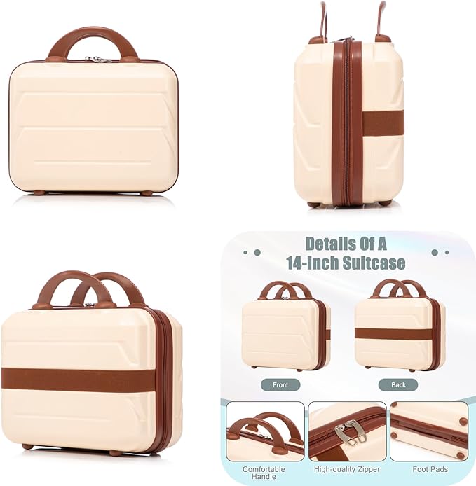 2-Piece ABS Hard Shell Lightweight Carry-On Luggage Set (14" & 20"), 360-Degree Spinner Wheels, Adjustable Telescopic Handle and Combination Lock for Travel, Beige