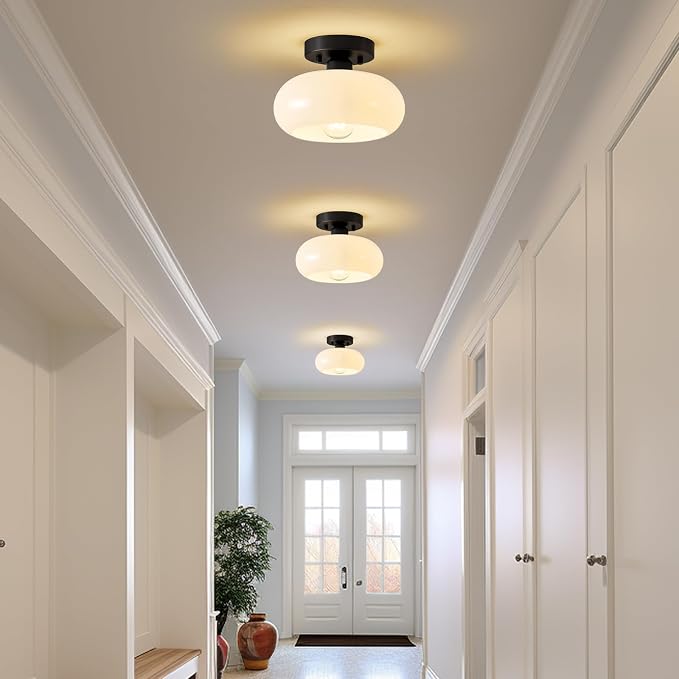 WOKNOS Mid-Century Modern Black Semi Flush Ceiling Light 8.66 Inch | Mini White Glass Shade Close to Ceiling Lighting Fixture For Kitchen Entryway Hallway Bathroom Closet Bedroom Laundry Room