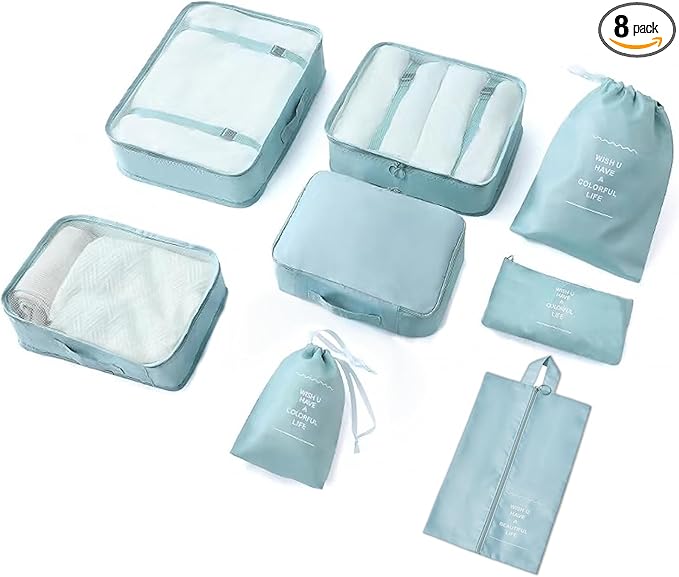 8 Pieces Mesh Packing Cubes for Travel, Luggage Packing Organizers Bags Set, Travel Essentials Suitcases Accessories with Laundry Bag, Storage Shoe Bag, Clothing Underwear Bag (Blue, 8 set)