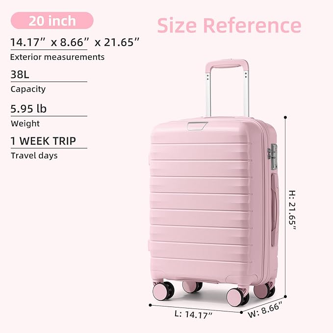 LARVENDER Carry On Luggage 22x14x9 Airline Approved, 20 Inch Hardshell & Lightweight PP Carry On Suitcase for Women with Spinner Wheels TSA Lock, Light Pink